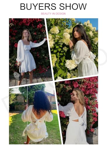 Image of Dokotoo Womens Dress Long Lantern Sleeve Square Neck Tie Backless Sexy Dress Ruffle Elastic Waist A-Line Mini Dress