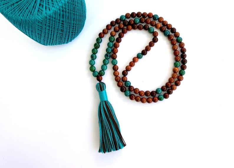 Cuentas de madera marrón oscuro natural, cuentas Mala de piedra crisocolla auténtica, collar 108 Mala, mala anudada, collar WWG, joyería de yoga, cuentas de meditación, joyería