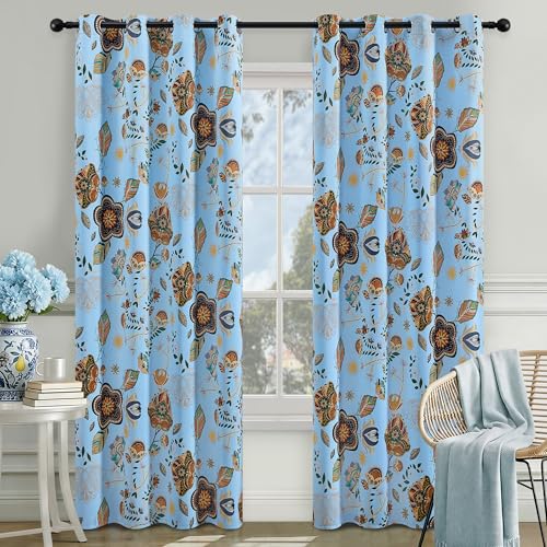 Image of XiDi Light Blue Patterned Curtains 96 Inches Long Blackout Floral Curtains | Aesthetic Pretty Drapes for Dining Room Modern Farmhouse Vintage Curtains Grommet Window Treatment Set of 2 Panels 52Wx96L