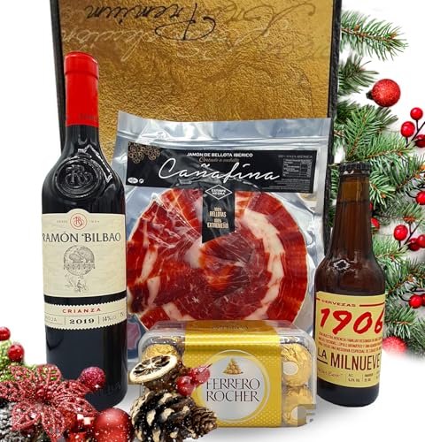 Cesta Regalo Jamon Bellota + Vino Ramon Bilbao | Perfecta como Cesta Navidad o Regalo de Empresas | Con Jamon Bellota 80 g + Vino Ramon Bilbao Crianza + Bombones Ferrero Rocher + Cerveza 1906 Cesta Regalo Jamon Bellota + Vino Ramon Bilbao | Perfecta como Cesta Navidad o Regalo de Empresas | Con Jamon Bellota 80 g + Vino Ramon Bilbao Crianza + Bombones Ferrero Rocher + Cerveza 1906