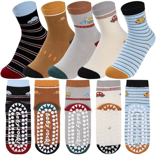 Simpeak 5 Pares Calcetines Niños de Algodón - Antideslizantes ABS, Cómodos y Suaves, Respirable Invierno Divertidos Deportivos Calcetines con Diseño de Dinosaurio para Niños Niñas de 3-5 Años