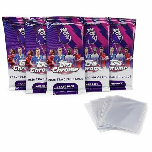 2026 Topps Chrome Premier League Soccer Cards 5 Factory Sealed Packs (20 Cards Total) + 10 Penny Sleeves | EPL Trading Card Bundle for Collectors & Gifts