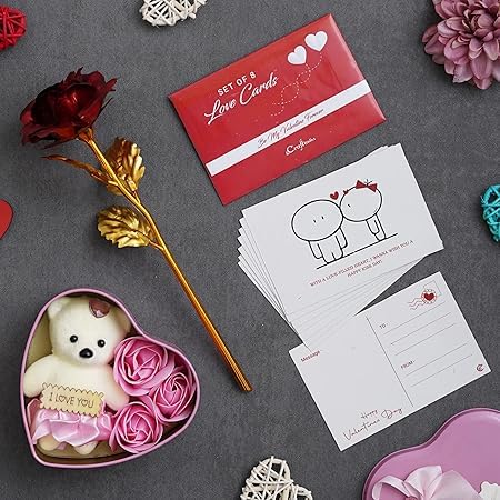 Cadeau de Saint-Valentin pour petite amie : rose rouge dorée et cœur peluche