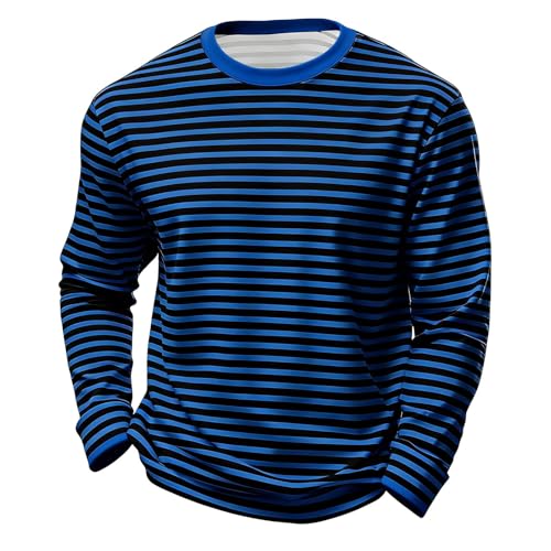 2026 Camiseta de manga larga para hombre a rayas con cuello redondo, informal, cómoda, moderna, para todos, azul, XL