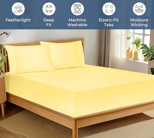 Image of Royale Linens 100% Organic Cotton Fitted Sheet - Percale Weave - Super Soft Deep Pocket Bottom Sheets - Elastic Sheet King Size - King Fitted Sheets Only - (78 inchx80 inch+15 inch, Yellow)