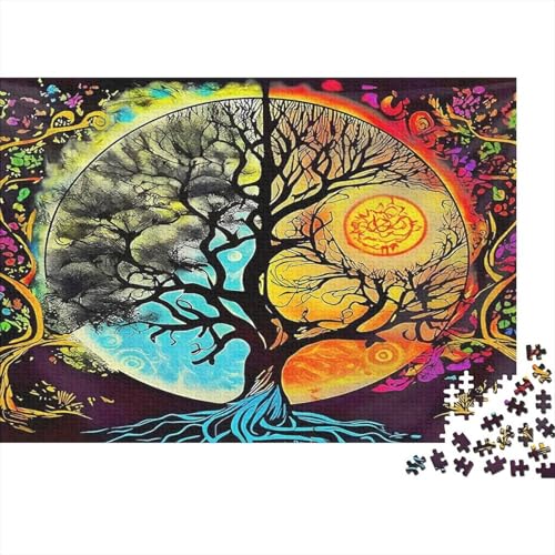 Puzzle de 1000 piezas contra el estrés diario con diseño de árbol de sol y luna