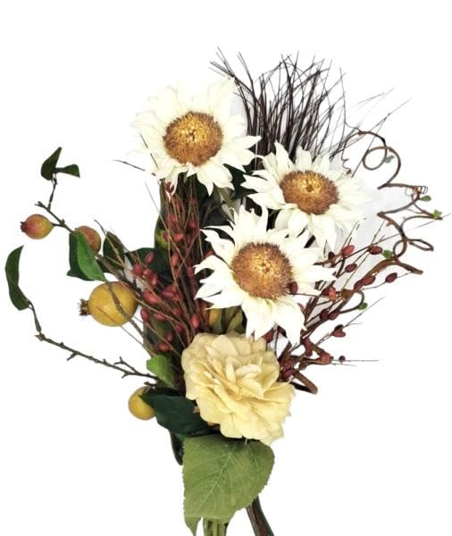 Generico Composizione Floreale Provenzale con Girasoli Bianchi, Rosa e Bacche, 50 cm