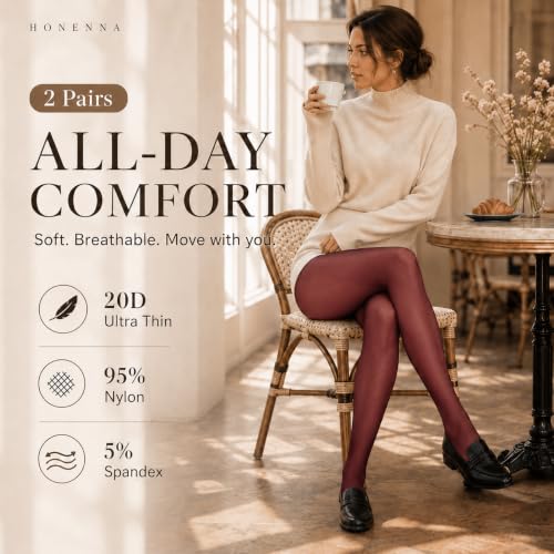 Image of HONENNA Sheer Tights for Women 2 Pairs Ultra Thin Reinforced T Crotch Control Top Pantyhose Stockings