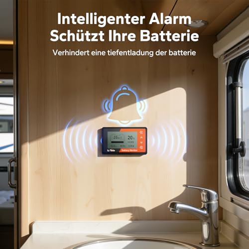 LiTime 500A Batteriewächter mit LCD-Display und Shunt, 8V-120V Batteriemonitor für Wohnmobil Golfwagen Solar Batterie mit Buzzer Alarm, Kapazität Prozentsatz Zeit Leistung Voltmeter Anzeige