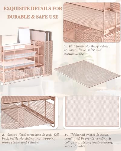 Image of WALI Desk File Organizer, 4 Tier Desktop Paper Letter Tray Organizer with Drawer and 2 Pen Holders, Office Desk Accessories & Workspace Organizers for Office, Home, School Supplies, 1 Pack, Rose Gold
