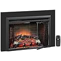 PuraFlame Klaus 33" x 21" Electric Fireplace Insert with Trim Kit, Fire Crackling Sound, Resin Log, Glass Door and Mesh Screen, 750/1500W Heater, Black