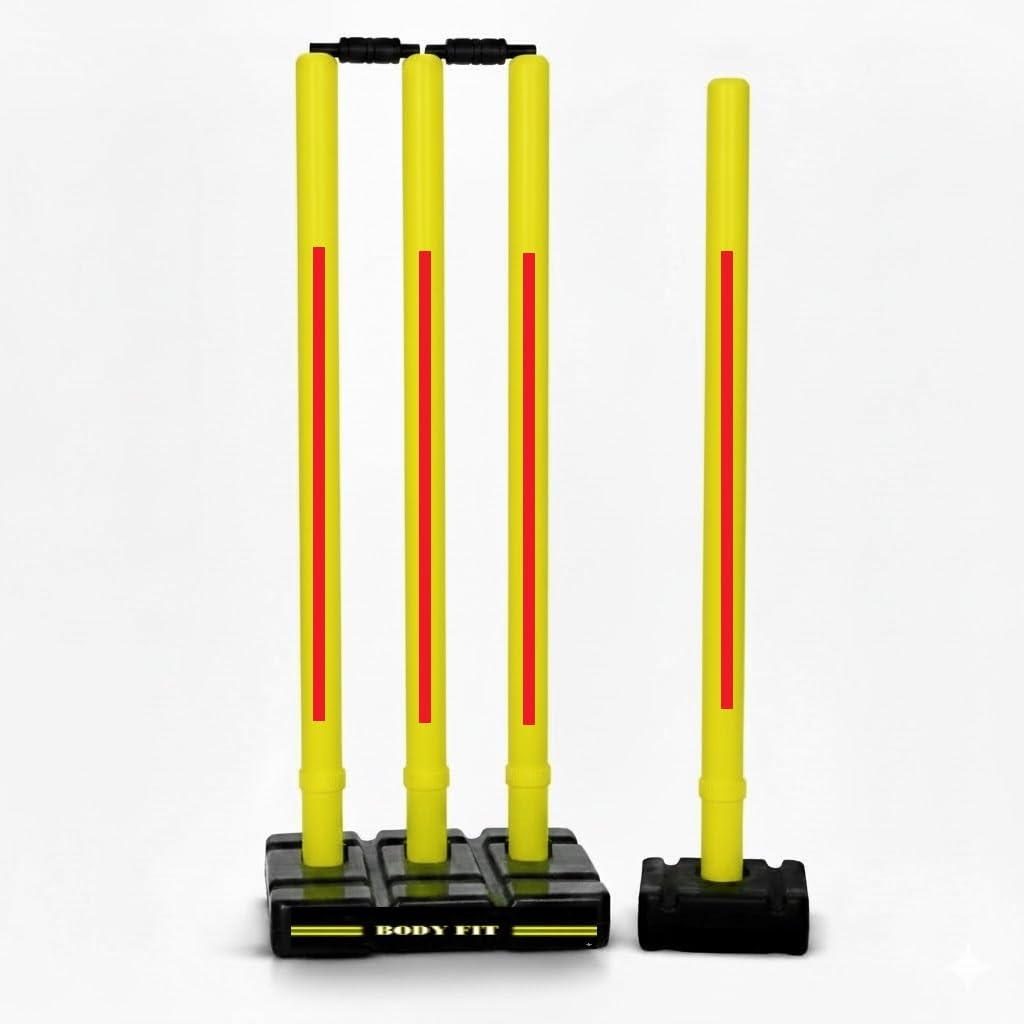 Bodyfit Heavy Cricket Stumps | PVC Wickets Set with 4 Stumps + 2 Bails + 2 Stands | Full Size Wickets for Cricket Ground, Tournament Wicket, Floro-Yello-Red.-image-5