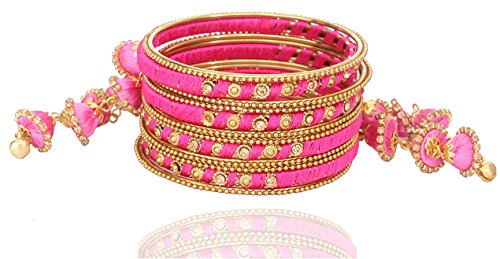Image of NMII Metal & Silk Thread Jhumka Zircon Latkan Stylish Bangles Set For Women's and Girls | Women's Fancy Latkan Bangles Set | Ethnic Fashion Jewellery- Set of 12 Bangle, (G405 Pink-2.8(2.8))