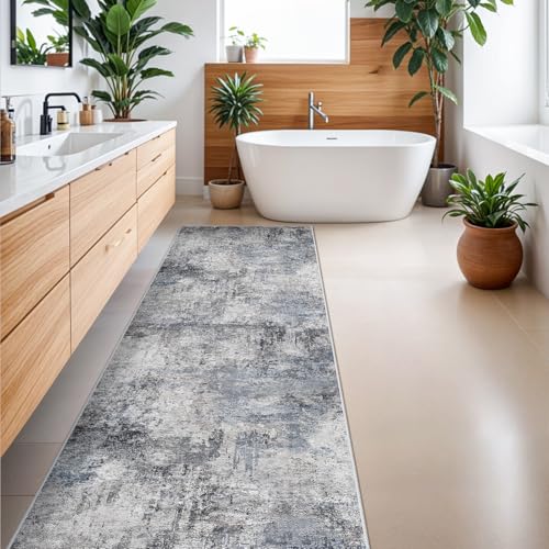 RUUGME Washable Abstract 3x8 Runner Rug: Living Room Entryway Runner Rug Indoor Non Slip Rubber Backing Vintage Large Soft Home Decor Mats for Bedroom Distressed Ultra Thin Low Pile Carpets 3x8 Blue