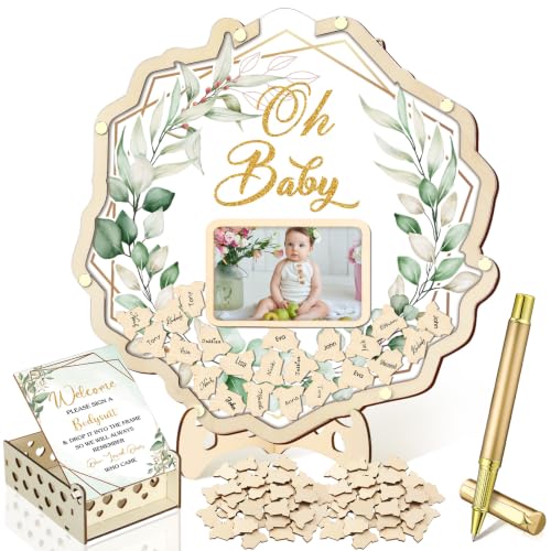 Image of Wenqik 63 Pcs Sage Green Baby Shower Guest Book Alternatives Set Baby Shower Decorations with Photo Frame Sonogram Frame Keepsake 60 Wood Slices Guest Book for Birthday