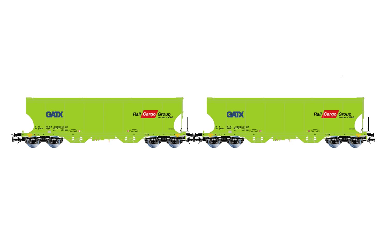 Rivarossi HR6674 GATX, 2-Einheiten-Pack 4-achsige runde Silowagen, neongrüne Lackierung, Rail Cargo Group, ep. VI für Erwachsene, ab 14 Jahren, Modelleisenbahnsammler