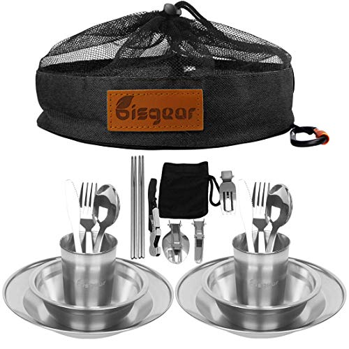 Bisgear 20pcs Stainless Steel Tableware Mess Kit Includes Plate Bowl Cup Spoon Fork