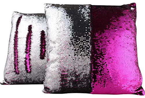 Jungengel Lot de 4 housses de coussin à paillettes, 40 x 40 cm, bicolore à paillettes, coussin décoratif pour canapé et lit, argent et rose