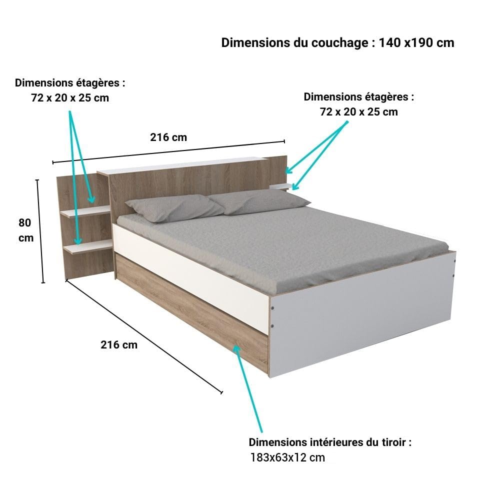 WEBER INDUSTRIES Lit City 140x190 + tête de lit Chevet + 1 tiroir/Décor Blanc & chêne Blanchi