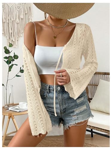 Image of Verdusa Women's Tie Front Crop Cardigan Bell Long Sleeve Scalloped Lightweight Knit Tops Summer Beach Cover Up