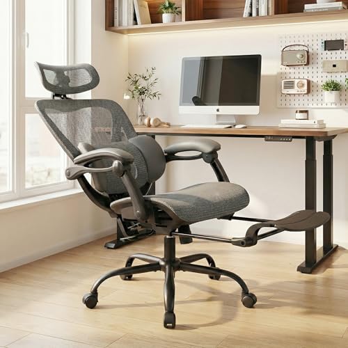 Image of MALOL Ergonomic Mesh Office Chair with Footrest, Executive High Back Computer Desk Chair with 3D Adjustable Headrest & 5-Level Lumbar Support, Reclining Tilt Lock, 3D Arms, 300LBS Capacity, Grey