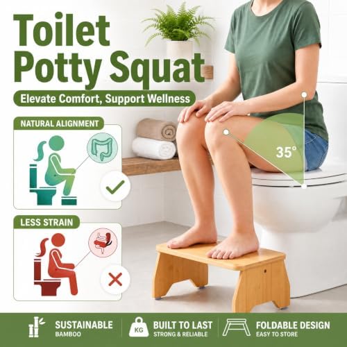 Jowgut Foldable Toilet Stool, 3-in-1 Sturdy Bamboo Step Stool - 3