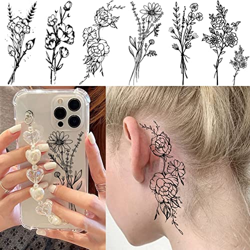 Joehapy 19 Sheets 3D Sexy Flower Temporary Tattoos For Women Neck Arm Girls Black Waterproof Small Fake Tattoo Stickers Tiny Branch Rose Floral Sunflower Wild Plants Sketch Tatoo Sets Kits For Adults #TOP3