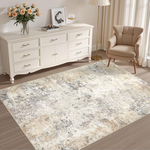 4x6 Area Rug Living Room Rugs - Washable Neutral Modern Abstract Soft Thin Rug Indoor Floor No Slip Rug Carpet for Bedroom Under Dining Table Home Office Decor - Golden Grey