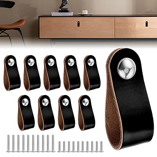 QINERSAW 10er Set Schwarz Ledergriffe Möbel Leder Möbelgriffe Ledergriffe Schrank Türgriffe Leder für Schublade Schranktür Wohnkultur mit Schrauben