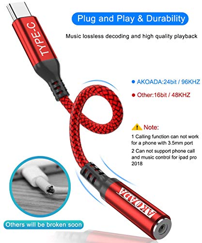 AkoaDa USB C naar 3.5mm Hoofdtelefoon Type C naar Aux Adapter Nylon Kabel,voor met Galaxy S21/ S21 +/ S21 Ultra/ S20/ Note10 iPad Pro iPad Air MacBook Pro Huawei P40/ P40 Pro/ P30 Pro enz- Rood - Image 6