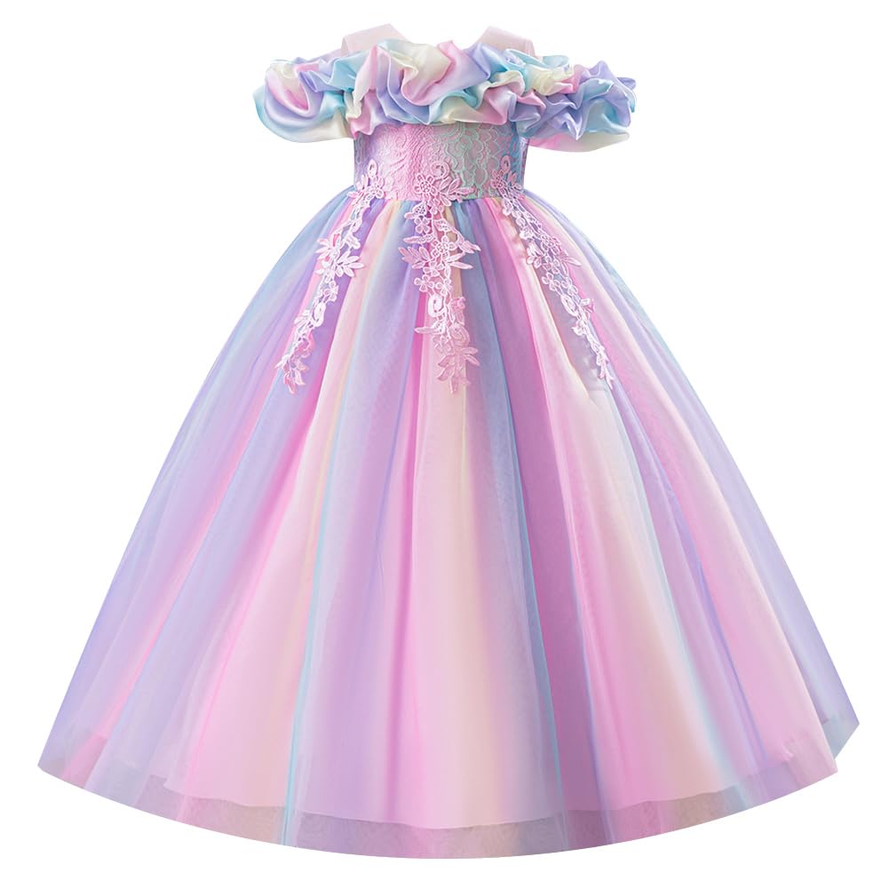Maxi abito da bambina in pizzo con ricamo a spalla fredda in tulle, tutù, abiti da principessa, ragazza, comunione, treno, compleanno, matrimonio, festa, damigella d'onore