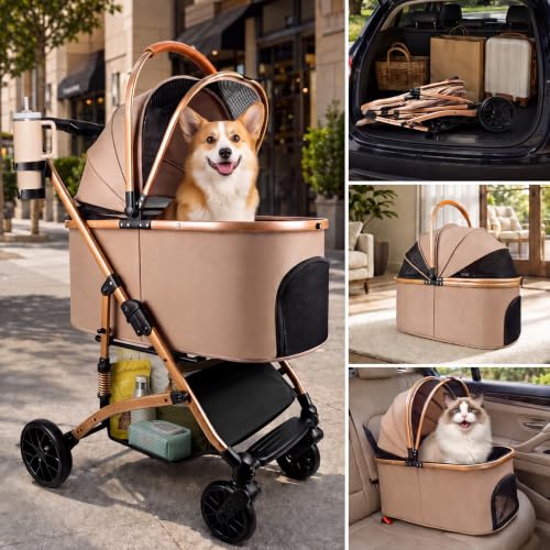 3-in-1 Pet Stroller for 2 Small/ 1 Medium Dogs & Cats, All-Terrain Foldable Dog Stroller with Detachable Carrier & Car Seat, 50 lbs Capacity, Aluminum Frame, Spring Shock Absorption, Dual Brake, Khaki