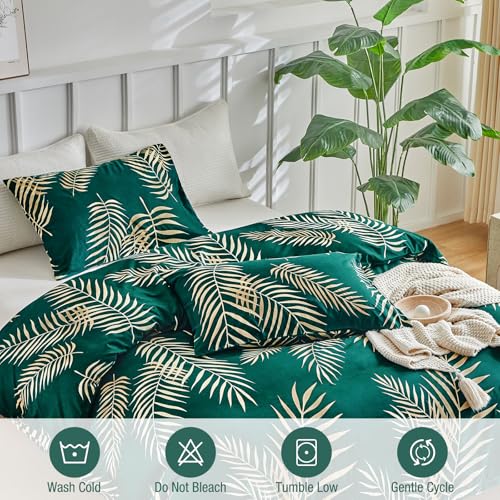 Image of Lekesky King Duvet Cover Set, Green and Gold Tropical Palm Leaf Pattern Comforter Cover King Size, 3 Pieces Soft Microfiber Bedding Sets with Zipper & 2 Pillowcases, Comforter Not Included