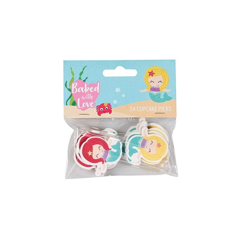 Baked With Love Mermaid Cupcake Picks, Mermaid Cake Decorations, Cake Toppers - 24 Pack