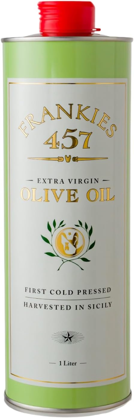 Frankies 457 Everday Extra Virgin Olive Oil - Premium Castelvetrano Olive Oil - Harvested in Sicily - Pure Authentic Italian - Monovarietal - Rich in Flavor - First Cold Pressed - 33.8 fl oz (1 L)