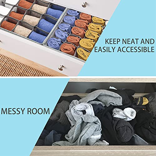 BOKUGE 3 Pack Sock Underwear Drawer Organizer, Collapsible Dresser Drawer Organizers for Storing Socks, Underwear, Ties (16+24+24 Cells, Gray)