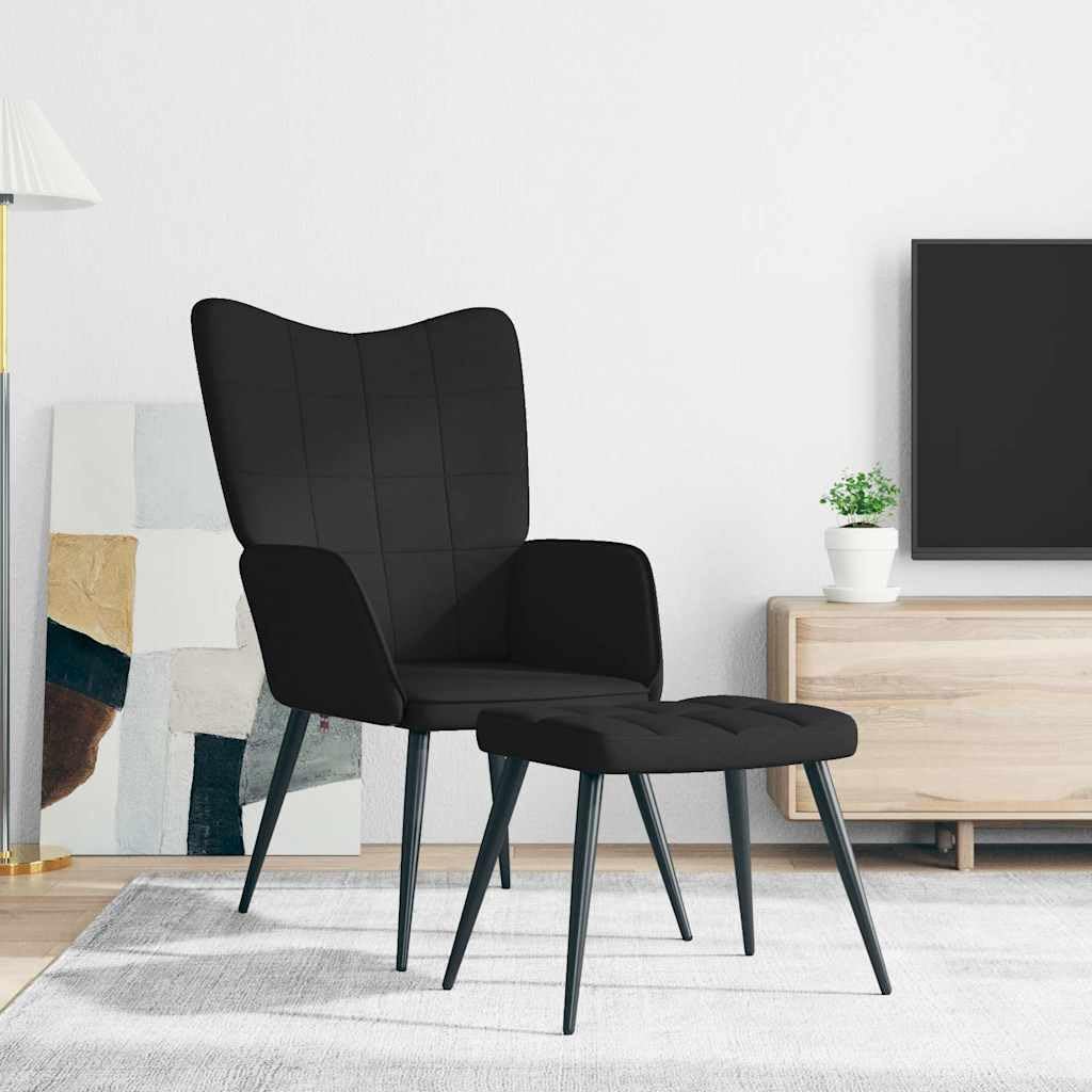 Sillón de relax de tela negra con taburete, diseño moderno para salón, dormitorio y oficina, cómodo sillón de lectura con marco de acero y patas de madera, asiento cómodo para adultos