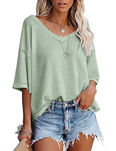 MQYXGS Mujer Waffle Top Verano Dolman ärmel Shirt Plus Size Camiseta monocromática Cuello en V Top Casual Loose Fit Camisa Túnica Top Negro Azul Marrón Verde Gris Naranja Rojo S M L XL XXL, verde, XXL