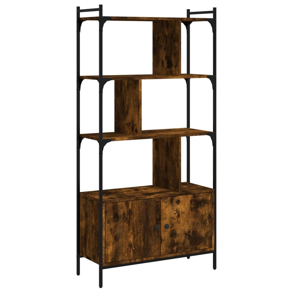 Homgoday Librería con puertas de roble ahumado, 76,5 x 30 x 154,5 cm, madera contrachapada, armario librería vitrina, librería vertical para ahorrar espacio, librería de suelo, para salón o estudio