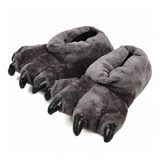 Akanbou Adult Animal Monster Plush Bear Paw Claw Slippers Winter House Home Shoes (Grey)