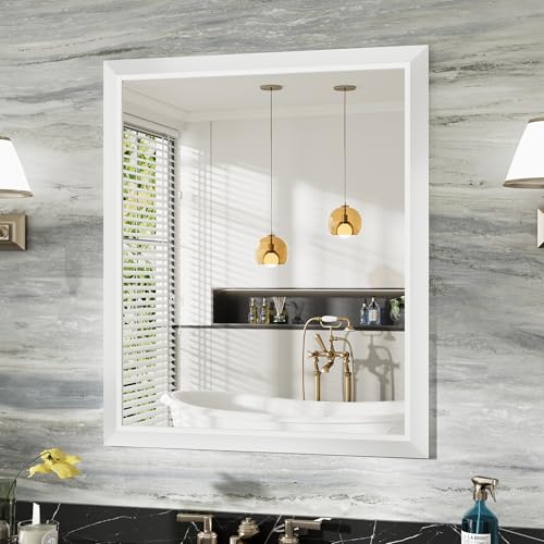Image of 36x30 Inch White Bathroom Mirror for Wall, Thick Metal Framed Rectangle Mirrors for Over Sink, Bedroom, Living Room, Entryway, Anti-Rust, HD Tempered Glass