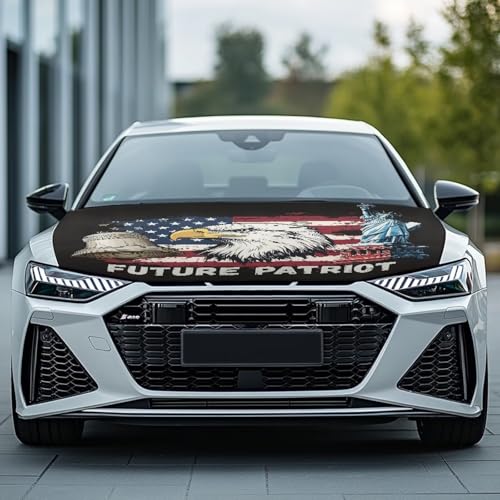 Image of USA Flag Wolf Car Hood Cover Elastic Car Hood Cover Banner Future Patriot Car Hood Dust Covers 4th of July Automobile Front Hood Cover Easy Installation