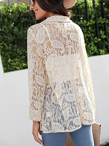Verdusa Women's Shawl Collar 3/4 Sleeve Floral Lace Sheer Cardigan Cover Up Jacket Beige L #TOP1