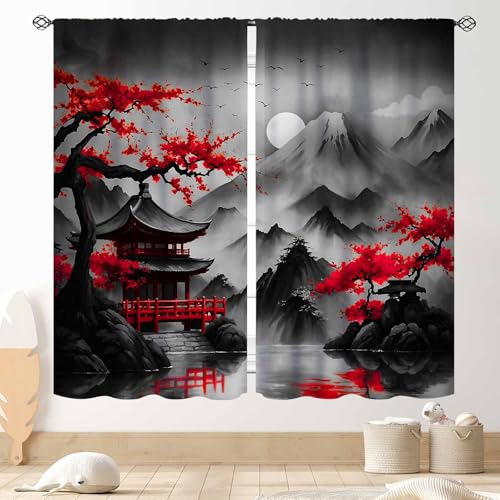 Cherry Blossoms Curtains, Japanese Traditional Ink Painting Red Floral Plum Blossom Asian Oriental...