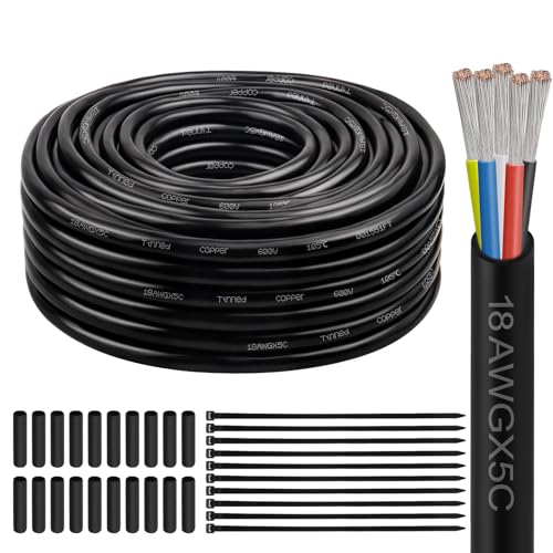 Image of 18 Gauge 5 Conductor Electrical Wire, 18 AWG Tinned Copper Stranded PVC Cable, Waterproof /Flexible /Low Voltage Extension Cord for Automotive, Marine, Solar, LED Lighting (50FT)