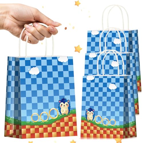 GZDUCK Hedgehog Party Favor Bags- 16Pcs Hedgehog Gift Bags, Blue Cartoon Candy Goodie Treat Bag with Handle, Cartoon Paper Bag for Boys Girls Birthday, Baby Shower, Kids Birthday Party Decorations