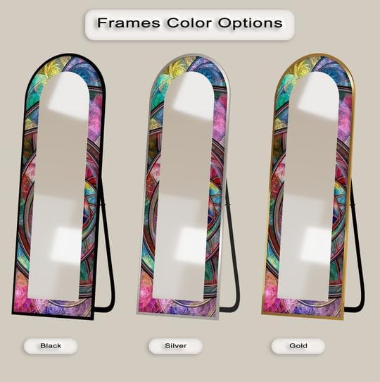 23,5’’W x 67’’H Kaleidoscope Fusion Rings – Abstract Floor Mirror Arched Full Lenght Mirror - Arch Full Body Stained Floor Mirror with Black Frame with Silver Frame
