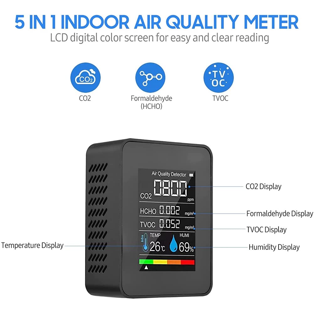 Pasotim 5 in 1 Quality Monitor TVOC HCHO Temperature Humidity CO2 Meter, USB Rechargeable CO2 Detector Black