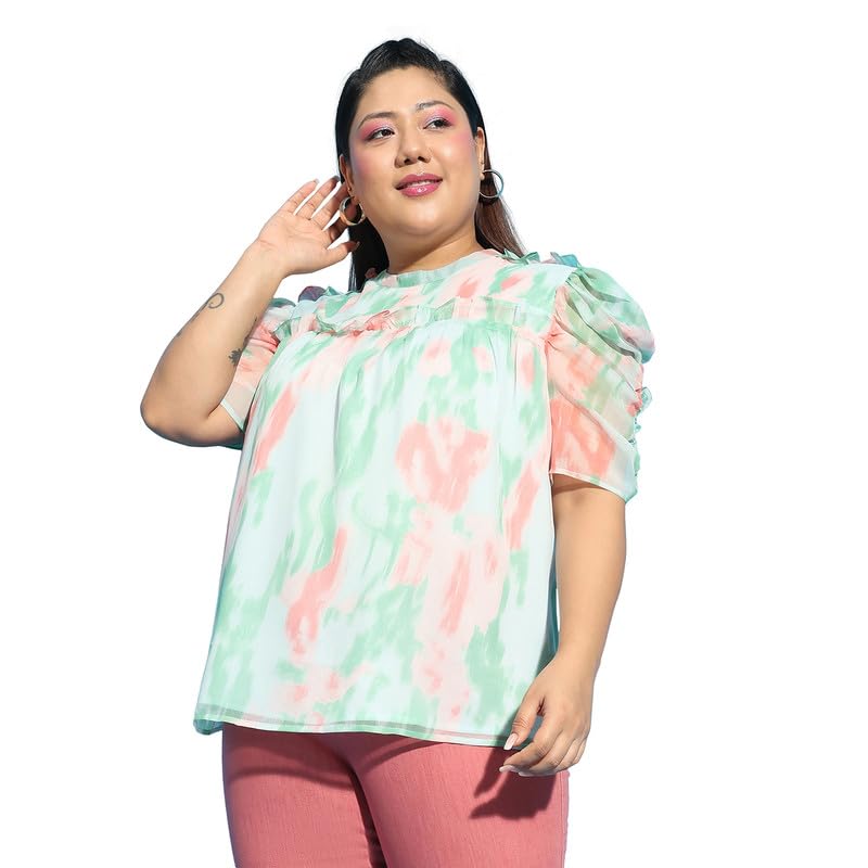 Image of oxolloxo Women Plus Size Round Neck Short Sleeve with Gather Pleates Ruffle Detail Top