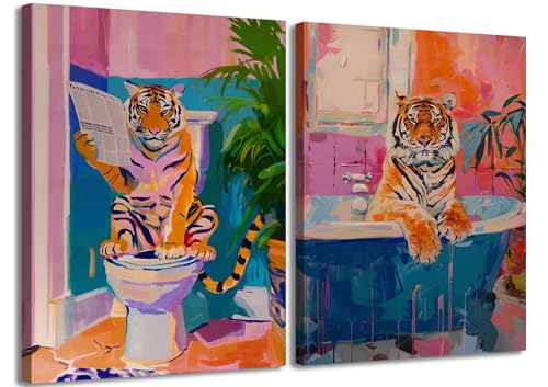 Funny Bathroom Tiger Wall Art Set of 2, Eclectic Pink